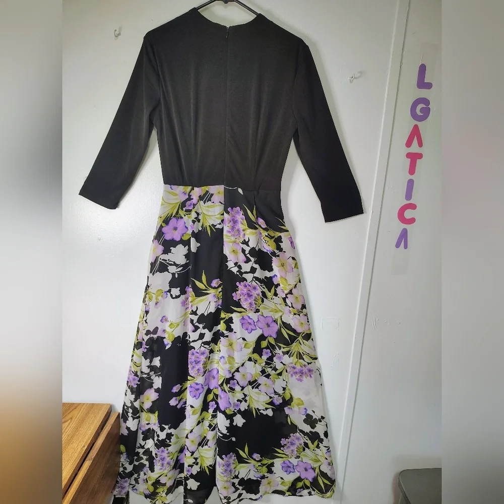 R&K maxi dress floral chiffon a-line size 6, black elegant, stretch. - Picture 5 of 16